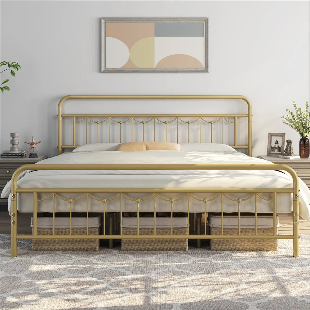 Queen Metal Platform Bed Frame with Vintage Headboard and Footboard T7074