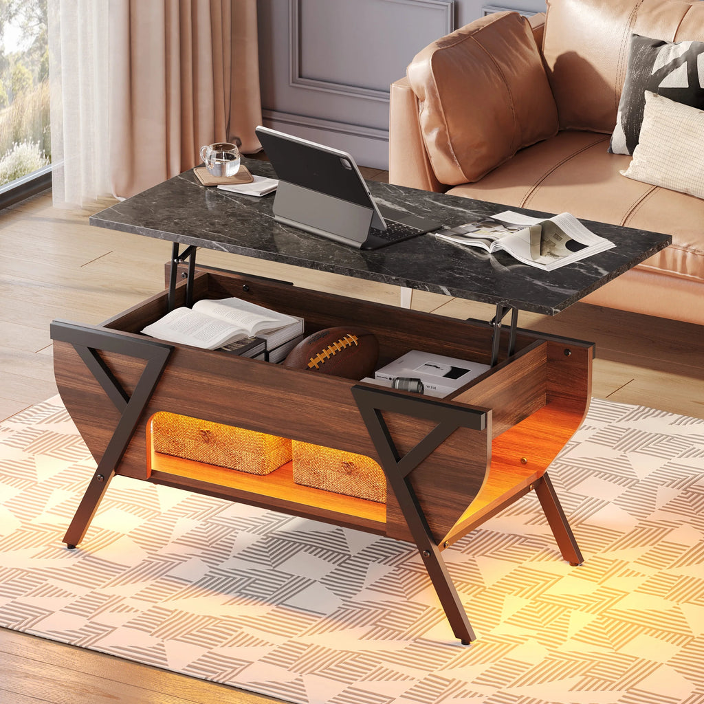 Lift Top Coffee Table with LED Lights and 2-Tier Storage Shelf P7271