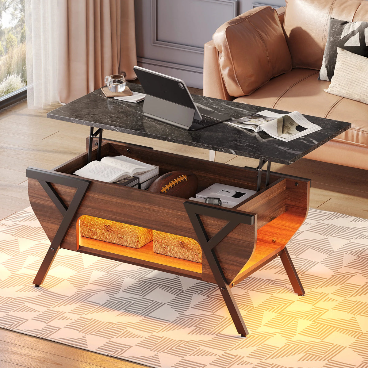Lift Top Coffee Table with LED Lights and 2-Tier Storage Shelf P7271