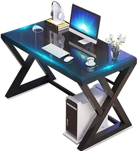 55.1'' Glass Top Metal Frame Computer Desk with Bookshelf V37269