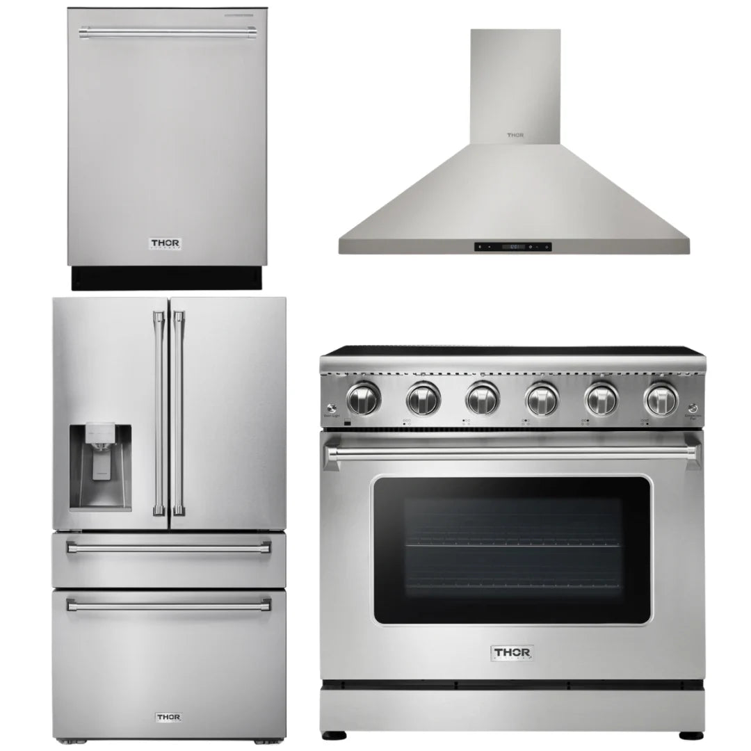 36 Electric Range, Range Hood, Refrigerator with Water and Ice Dispenser, Dishwasher W1507