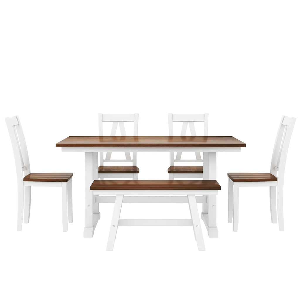 White 6-Piece Wood Dining Table Set with Bench and Chairs P268420