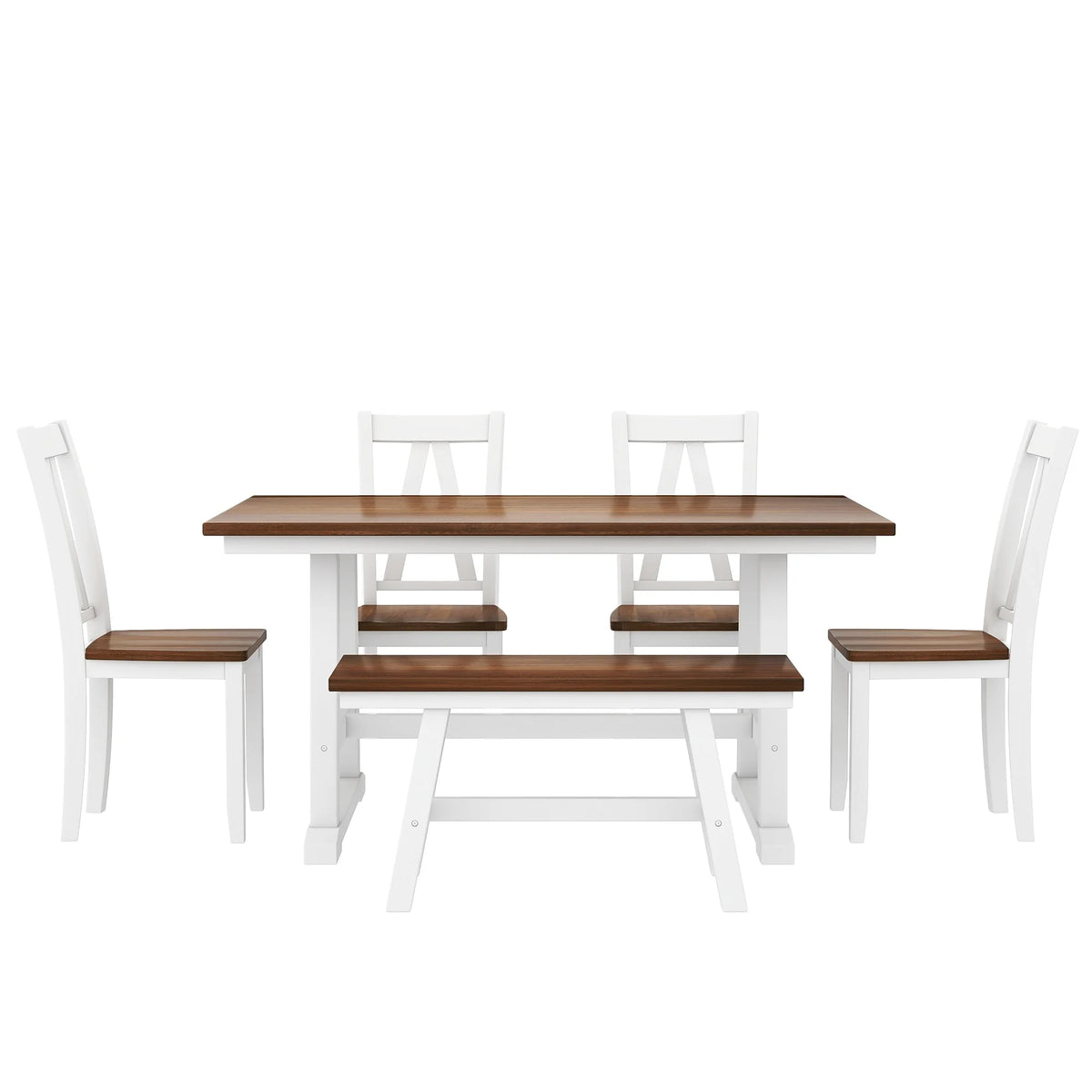White 6-Piece Wood Dining Table Set with Bench and Chairs P268420