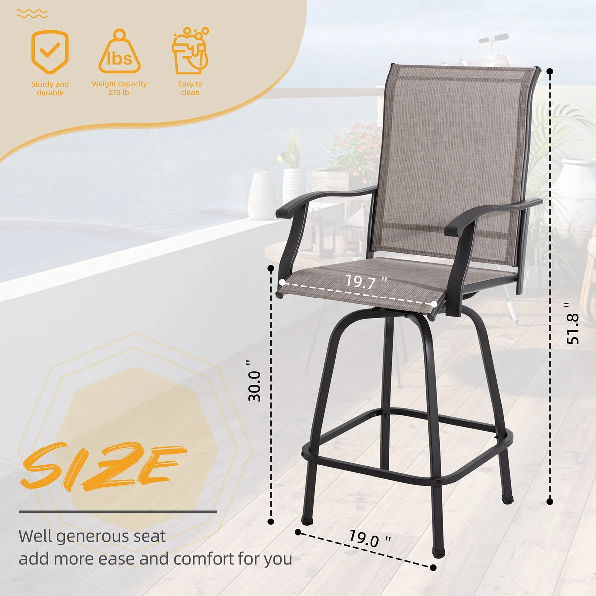 2 Piece High Back Textile Patio Swivel Bar Stools I424672