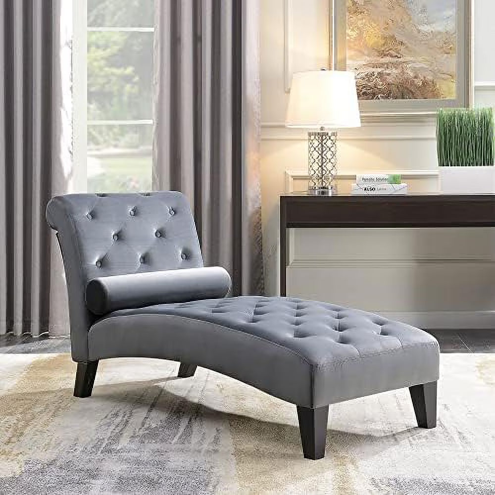 Beige Upholstered Chaise Lounge Sofa with Button Tufted Back and Hardwood Legs D608