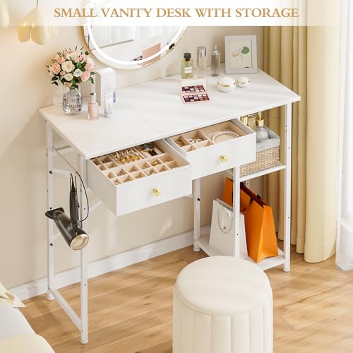 White Vanity Desk with 2 Fabric Drawers U1516
