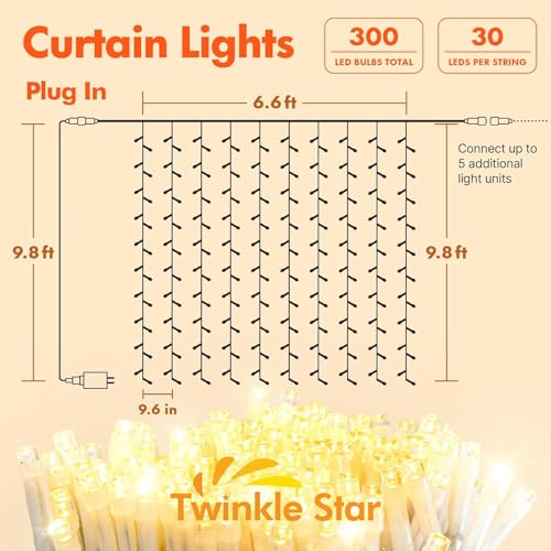300 LED Curtain String Lights 8 Modes Warm White S7154