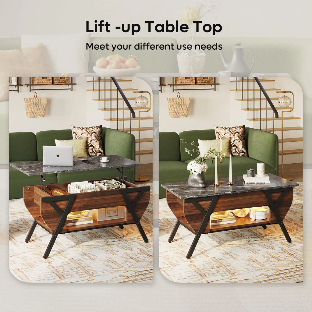 Lift Top Coffee Table with LED Lights and 2-Tier Storage Shelf P7271