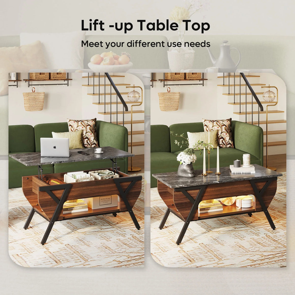 Lift Top Coffee Table with LED Lights and 2-Tier Storage Shelf P7271