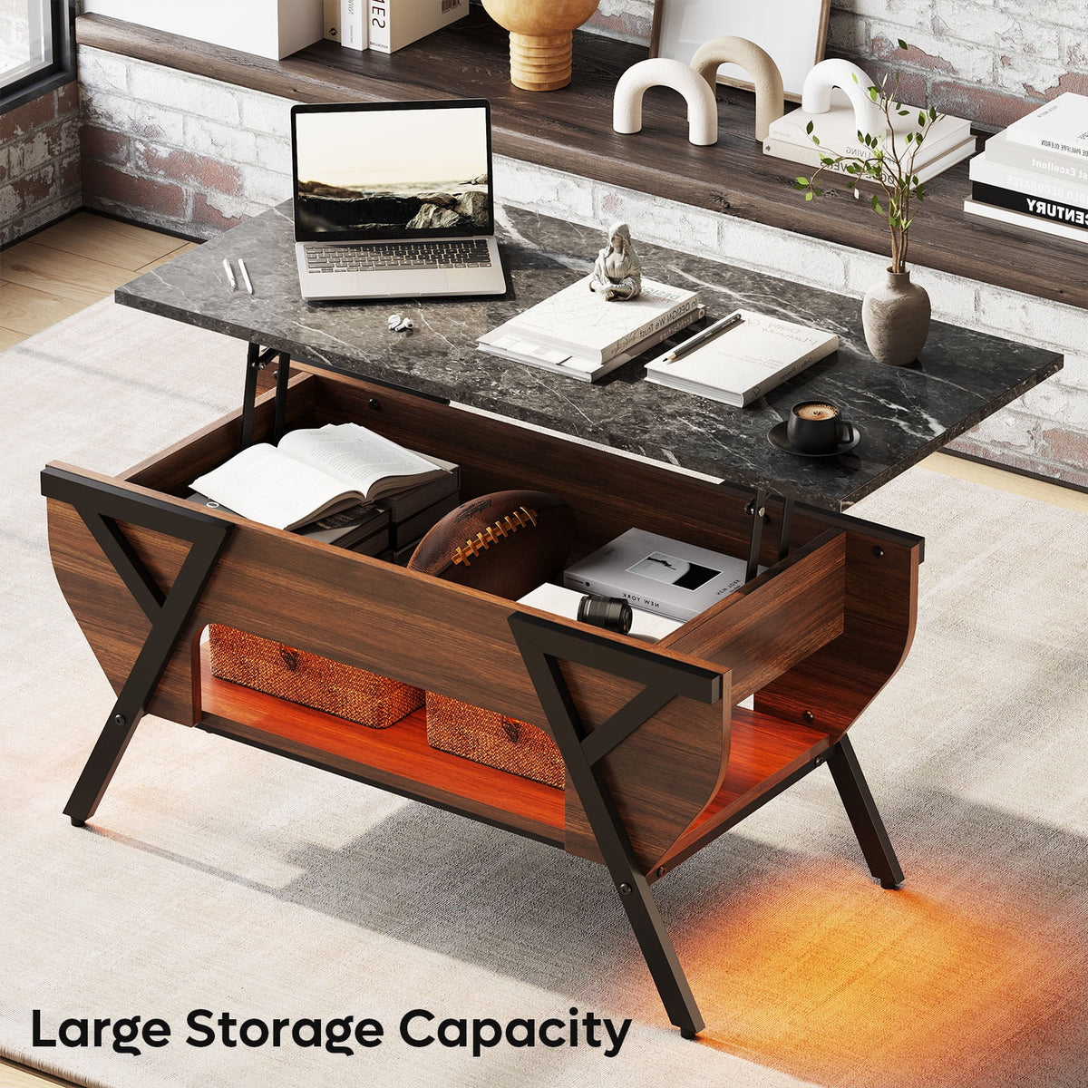 Lift Top Coffee Table with LED Lights and 2-Tier Storage Shelf P7271