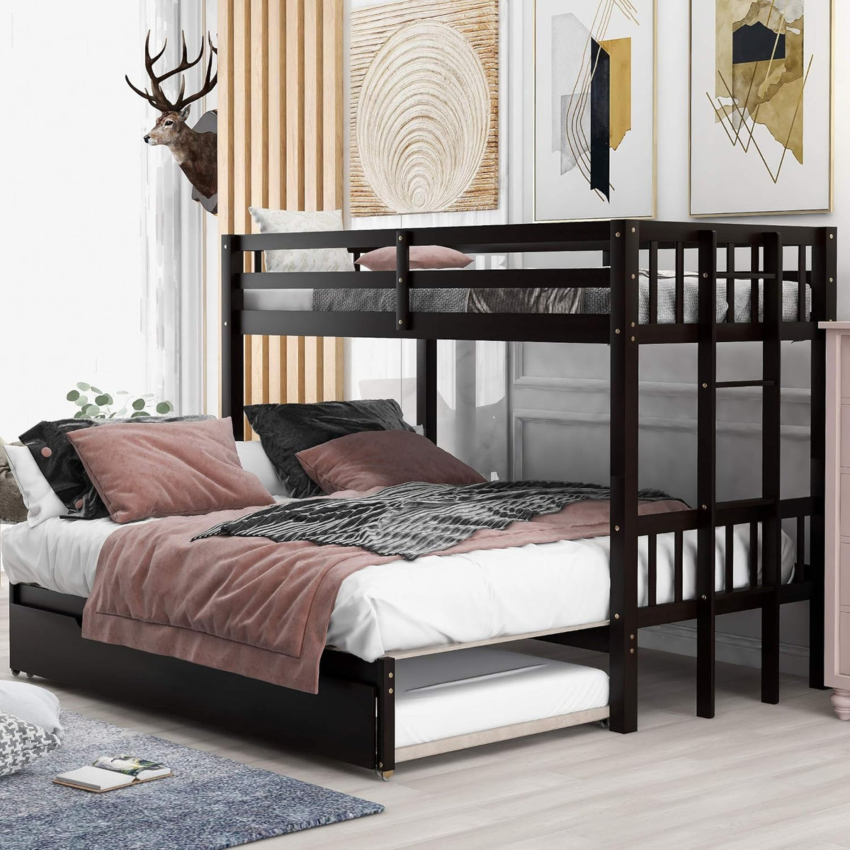Twin Over Pull-Out Bunk Bed with Two Drawers, Wooden, White U2291