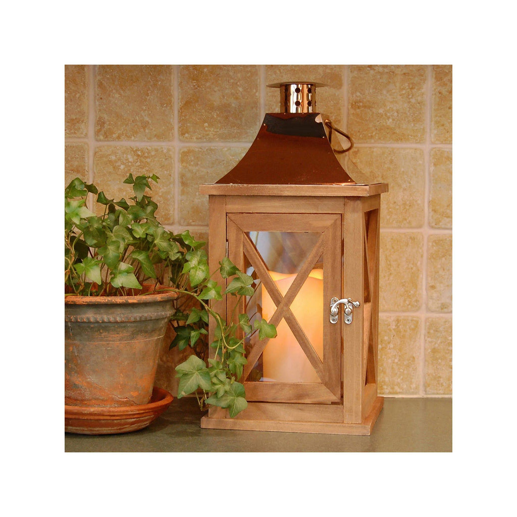 Natural Wooden Lantern with Copper Roof and LED Candle X103567
