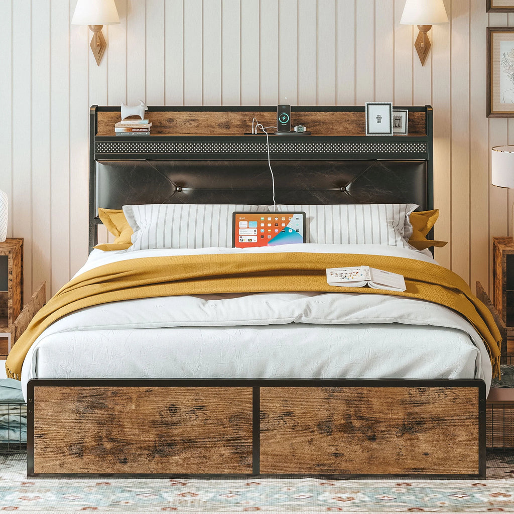 Queen Bed Frame with Upholstered Headboard and 4 Storage Drawers C185