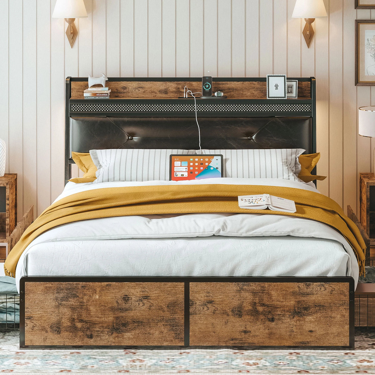 Queen Bed Frame with Upholstered Headboard and 4 Storage Drawers C185
