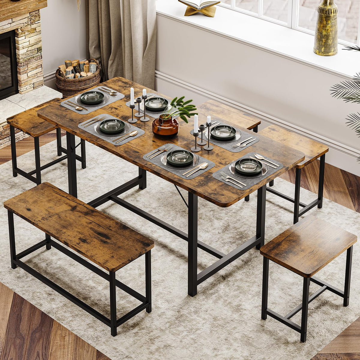 6 Piece Extendable Dining Table Set with Bench and 4 Stools K867