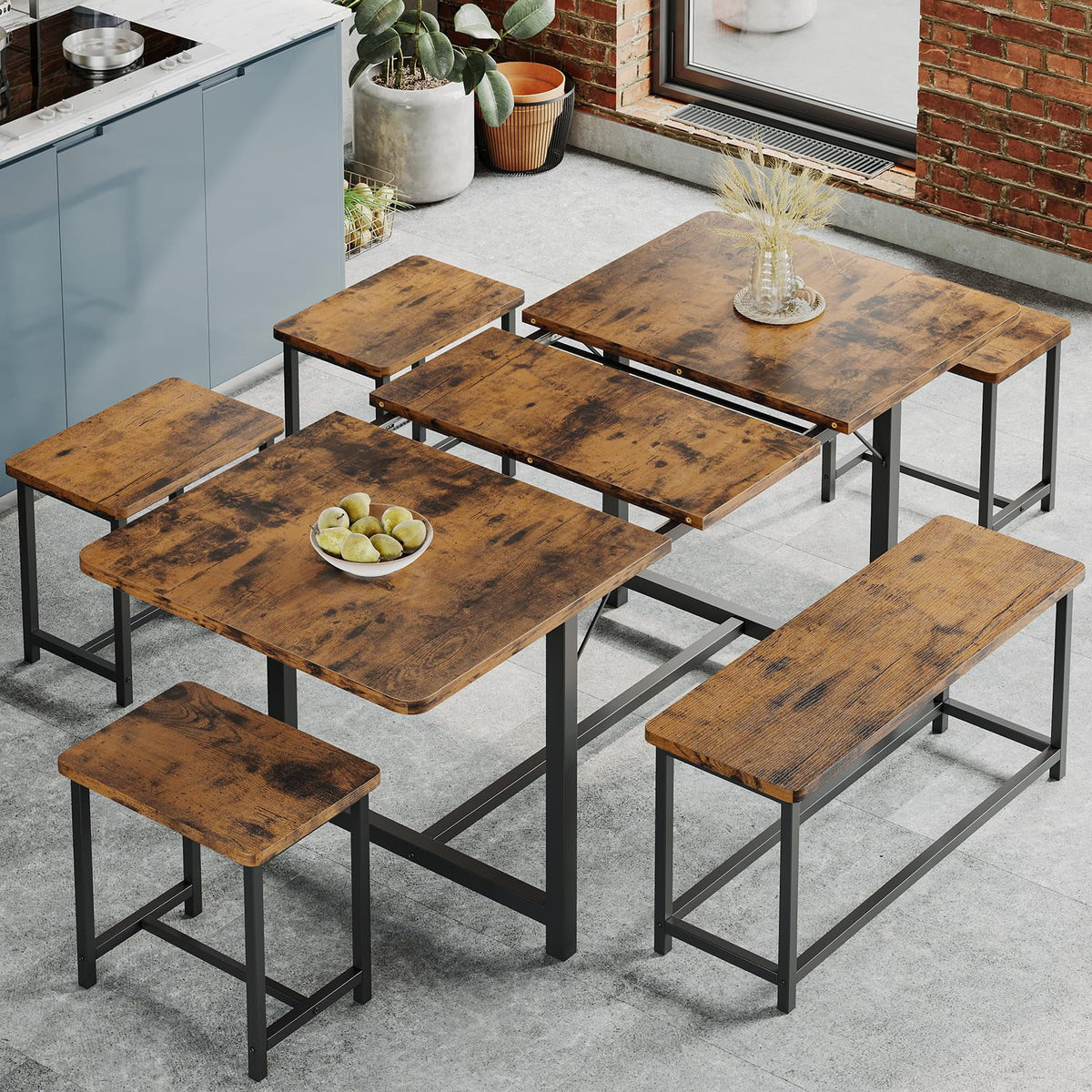 6 Piece Extendable Dining Table Set with Bench and 4 Stools K867