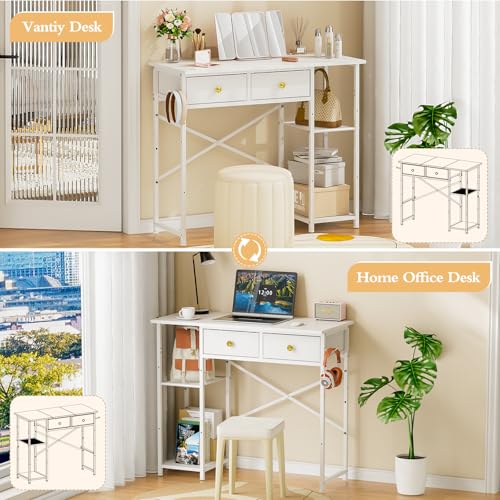White Vanity Desk with 2 Fabric Drawers U1516