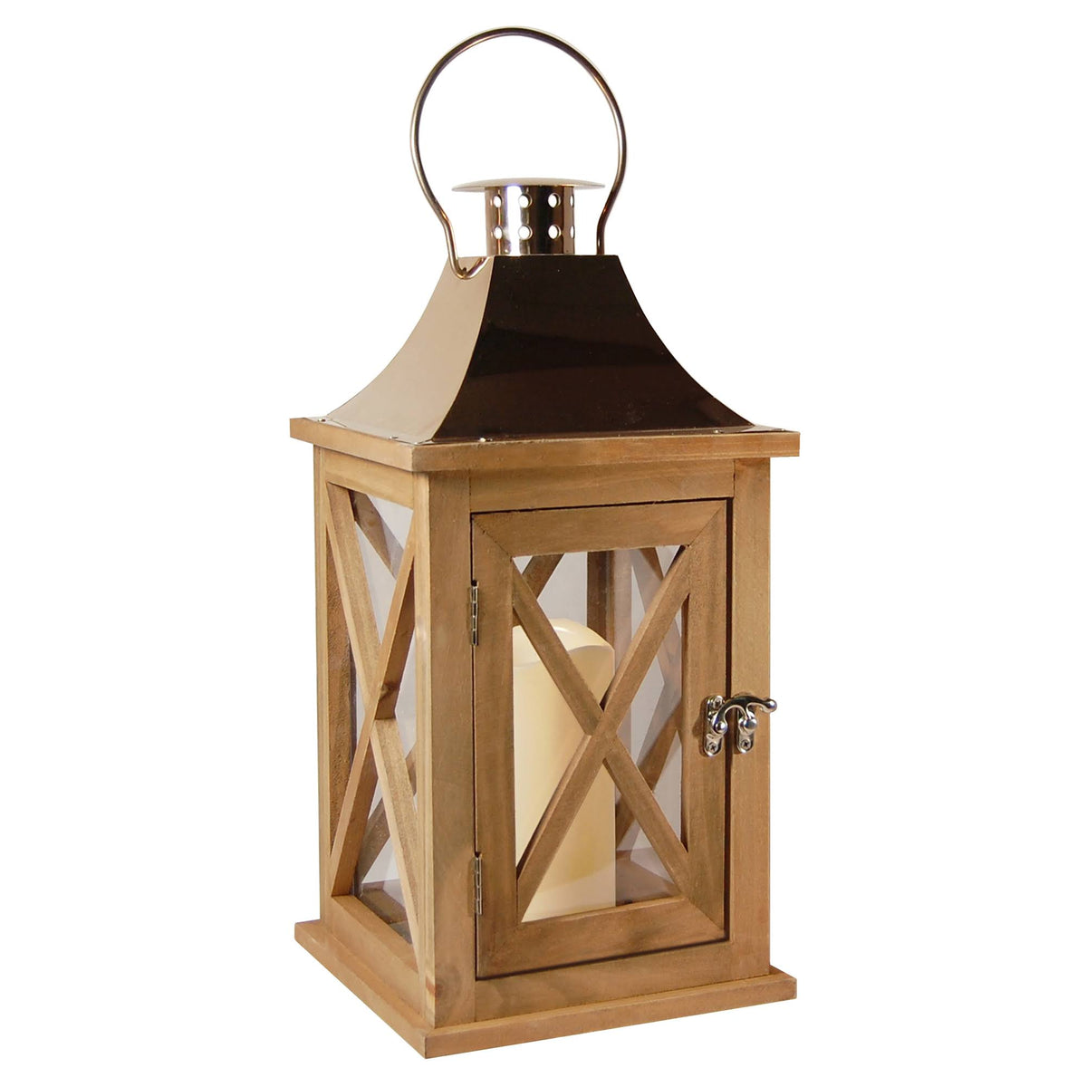Natural Wooden Lantern with Copper Roof and LED Candle X103567