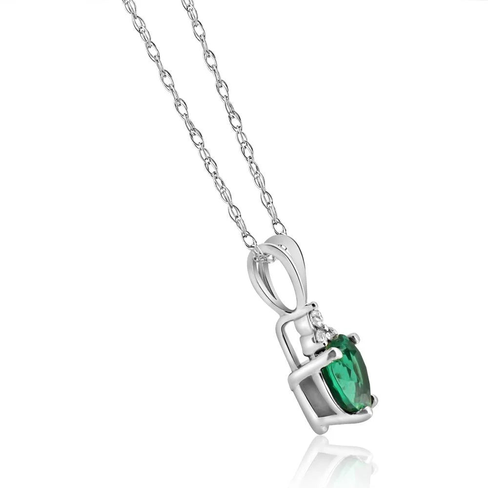 14K White Gold Heart Pendant with Diamond & Simulated Emerald P509