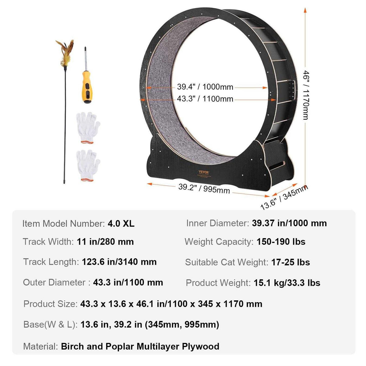 Large Cat Exercise Wheel with Detachable Carpet and Cat Teaser F8060