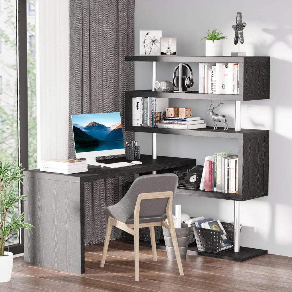 Black L-Shaped Computer Desk with Display Shelves W801120