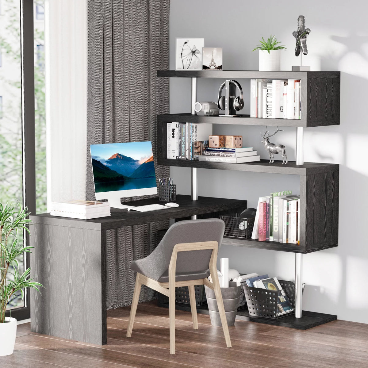 Black L-Shaped Computer Desk with Display Shelves W801120