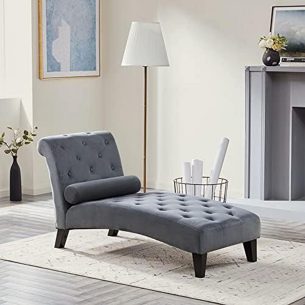 Beige Upholstered Chaise Lounge Sofa with Button Tufted Back and Hardwood Legs D608