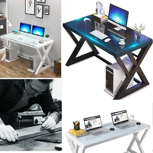 55.1'' Glass Top Metal Frame Computer Desk with Bookshelf V37269