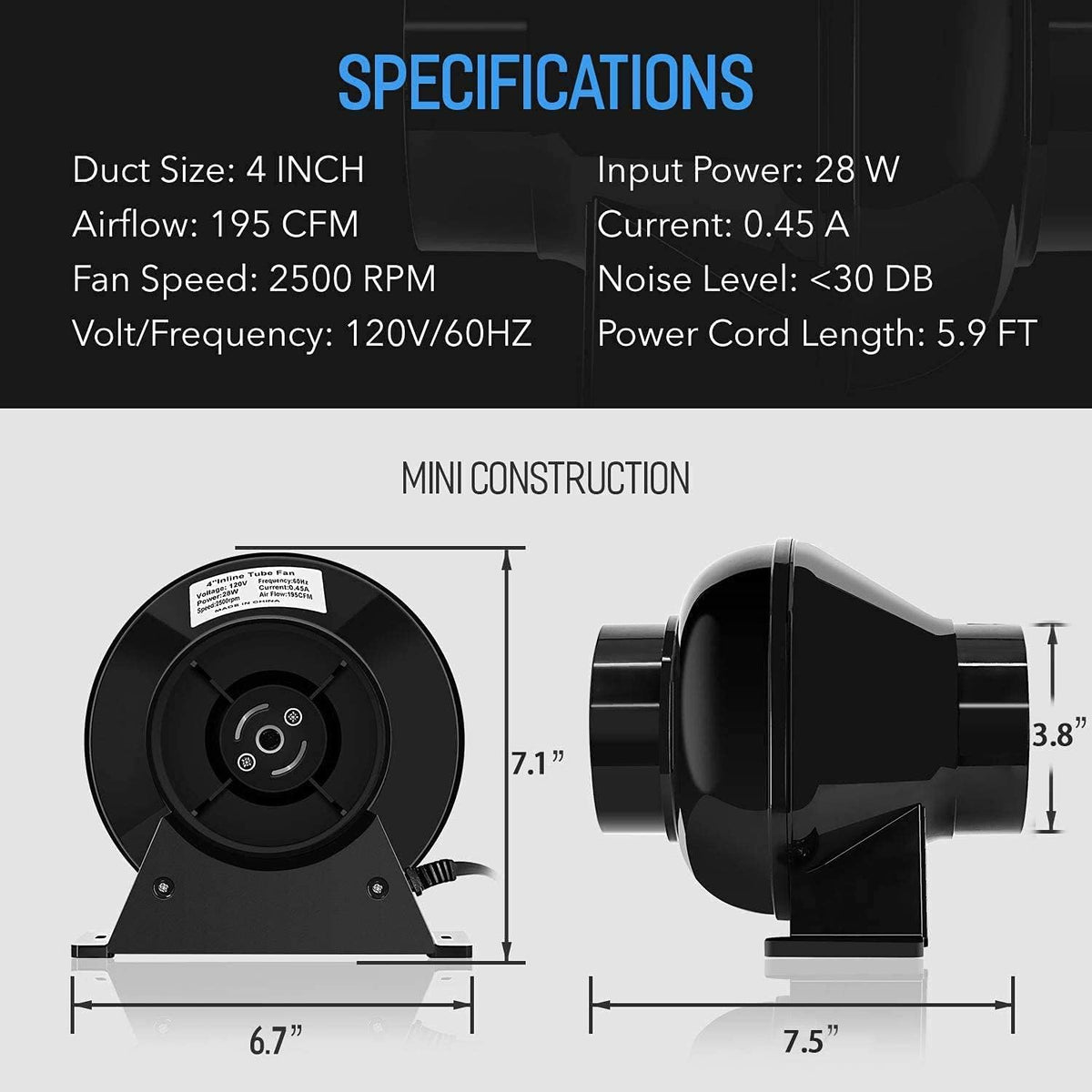 4 Inch 195 CFM Inline Fan, Carbon Filter, 8 Feet Flexible Ducting, Pack of 2 I726