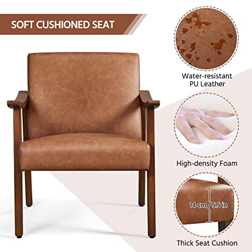 Brown PU Leather Accent Chair with Solid Wood Legs M5239