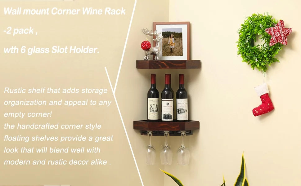 Rustic Wood Corner Floating Shelves Wine Rack 2 Pack G36849