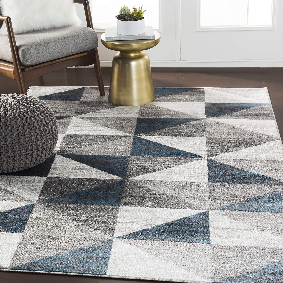 Sky Blue Navy Grey White Square Area Rug P928126