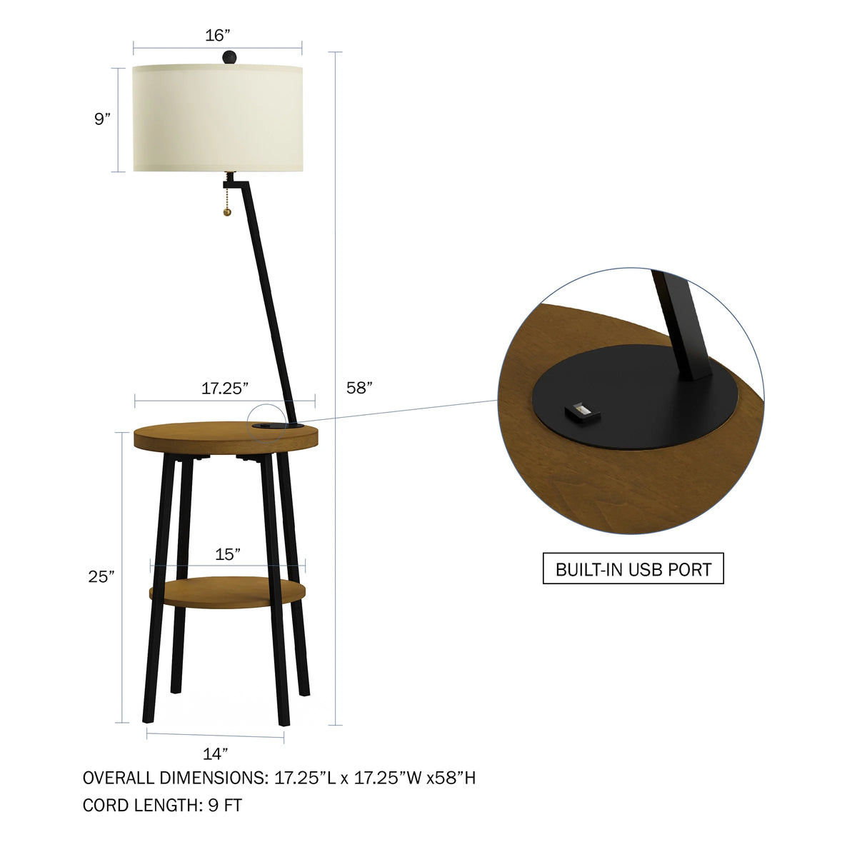 58-inch Floor Lamp with Table and USB Charging Port with Drum Shade K546471