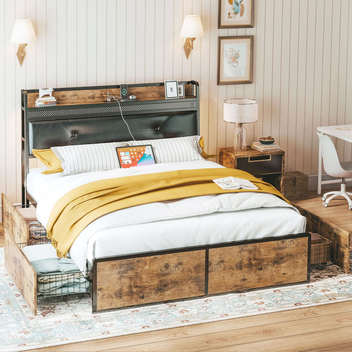Queen Bed Frame with Upholstered Headboard and 4 Storage Drawers C185