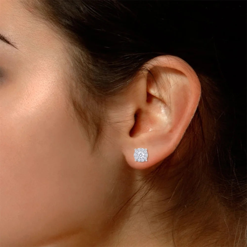 1 Carat Round Cut Lab Created Moissanite Halo Stud Earrings 14K White Gold Plated 925 Sterling Silver P974421