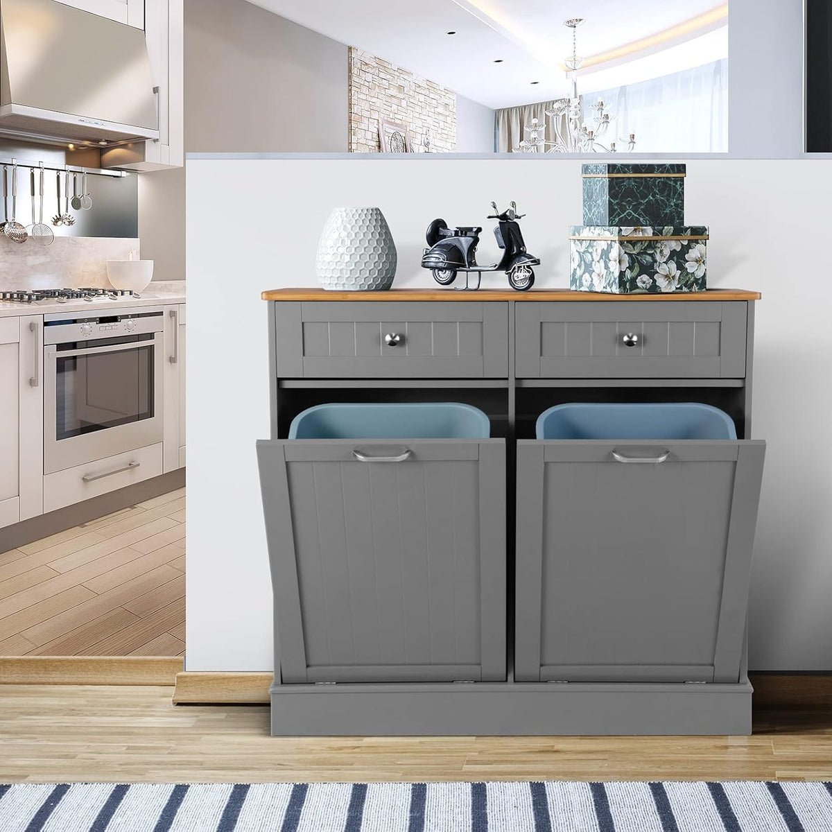 White Double Kitchen Trash Cabinet with Hideaway Drawers K61660