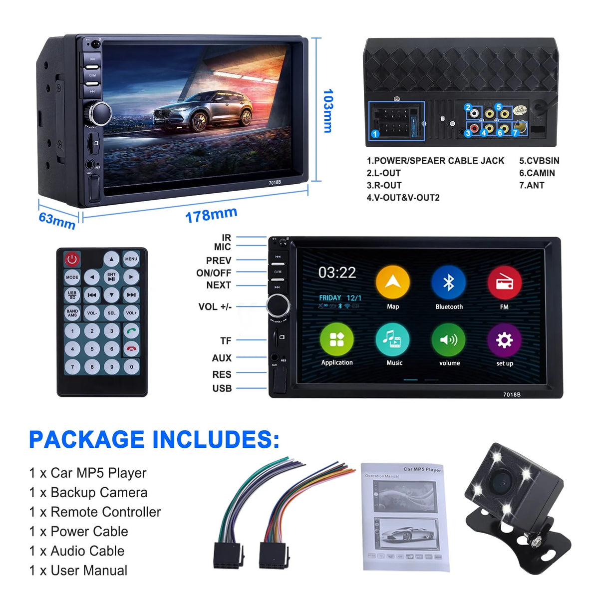 Double DIN Car Stereo with 4 LED Rearview Camera N846964
