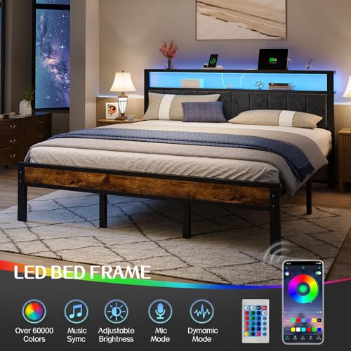 Queen Size Platform Bed Frame with Storage Headboard and Charging Station N473935