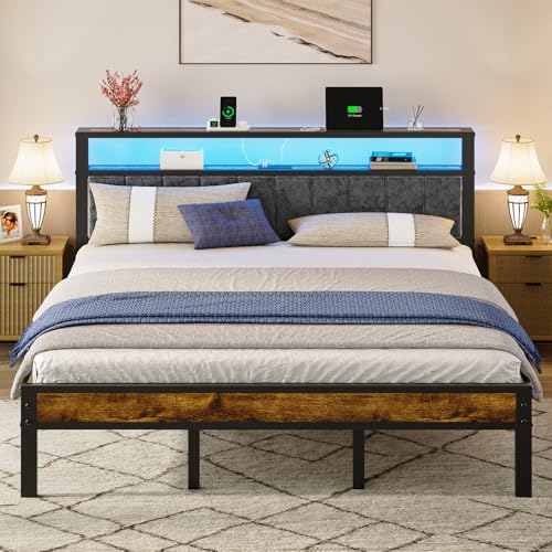 Queen Size Platform Bed Frame with Storage Headboard and Charging Station N473935