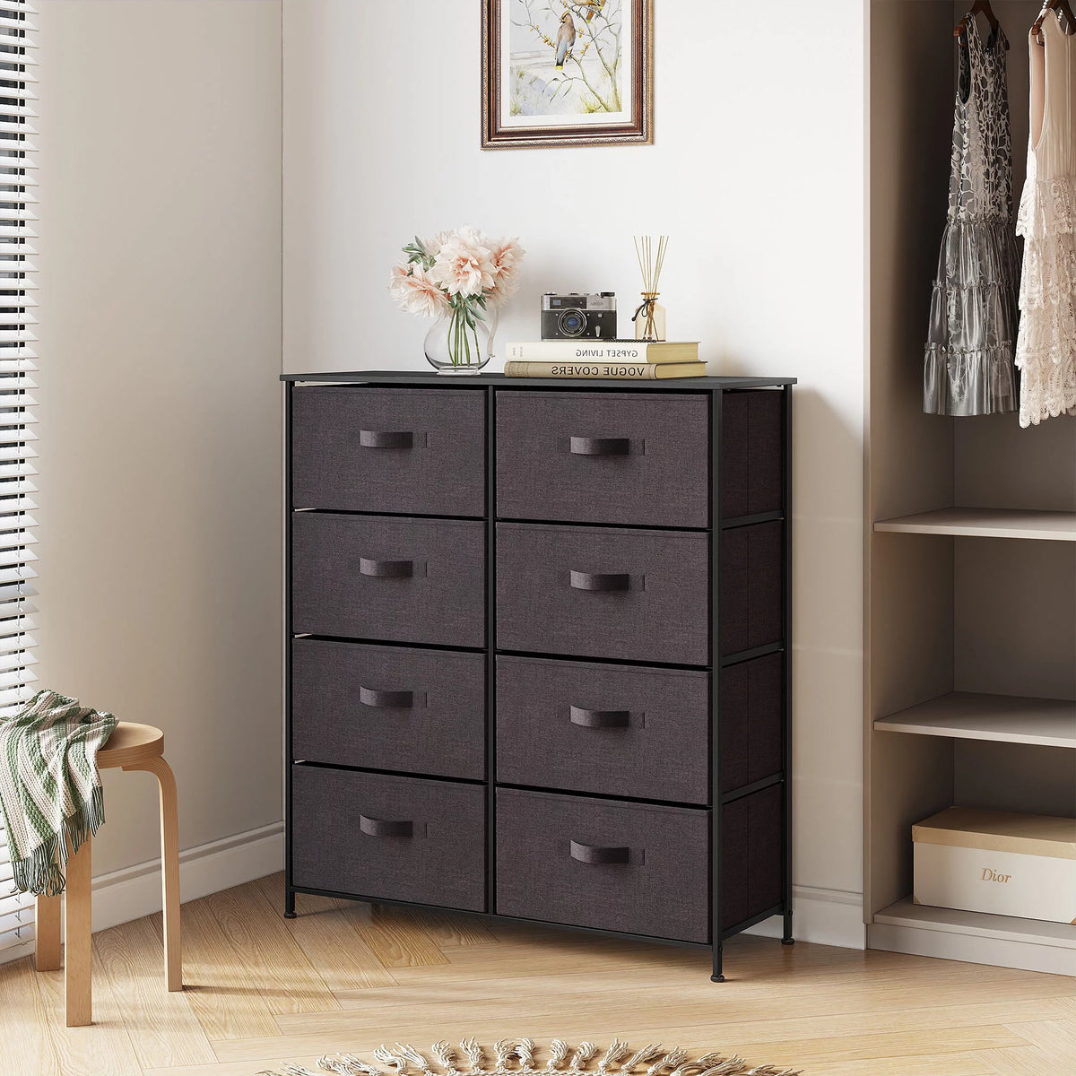 8 Drawer Fabric Dresser with Wooden Top Shelf S91358