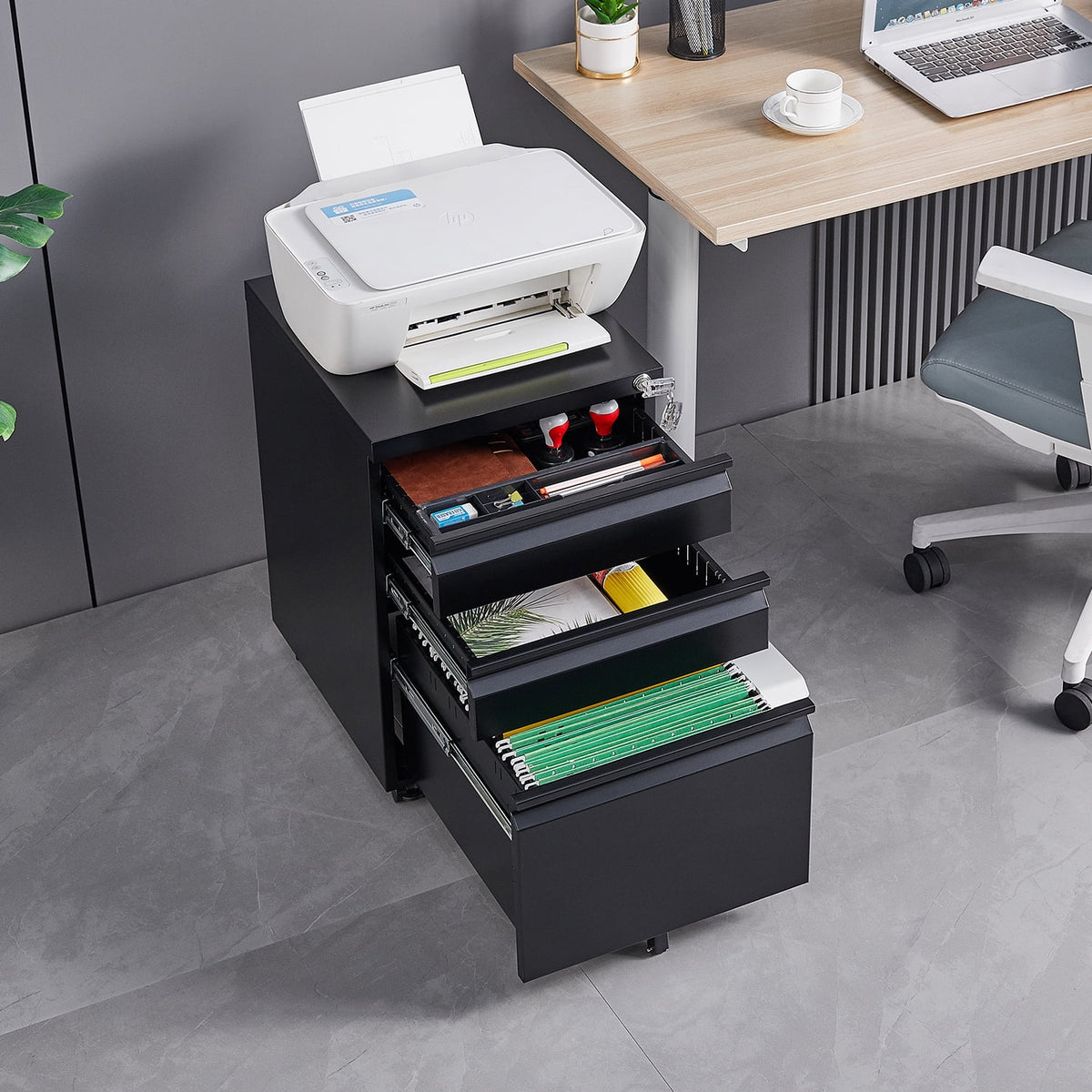 3 Drawer Black Metal File Cabinet with Lock H5762