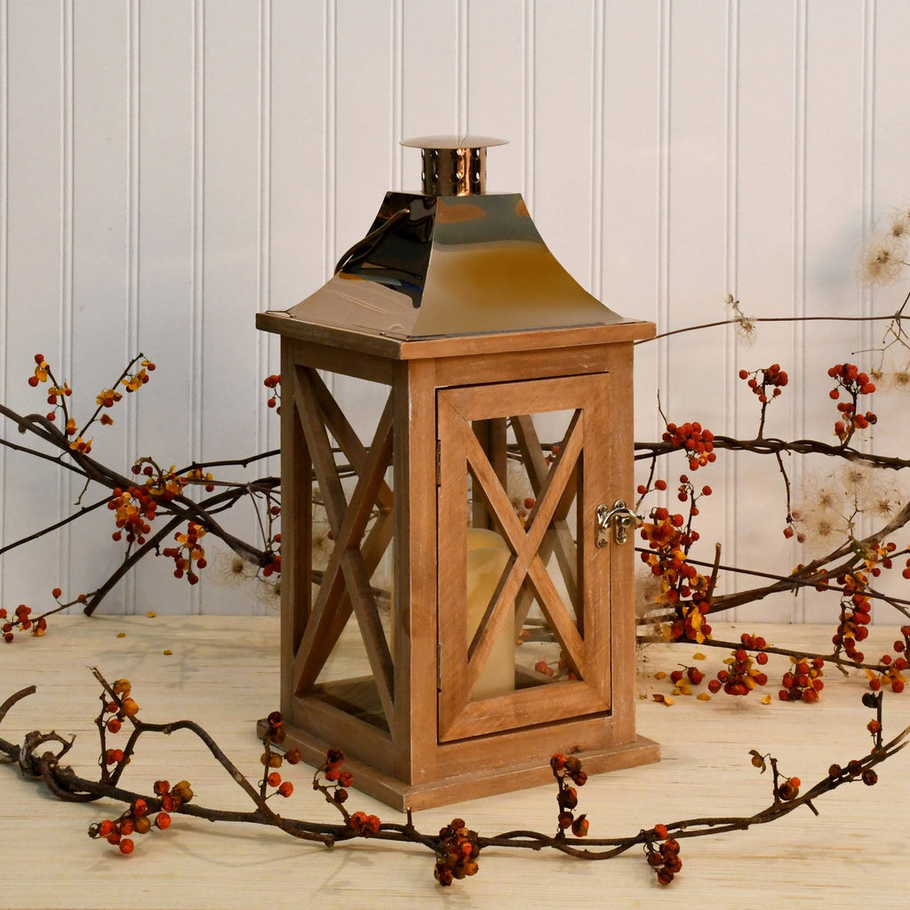 Natural Wooden Lantern with Copper Roof and LED Candle X103567