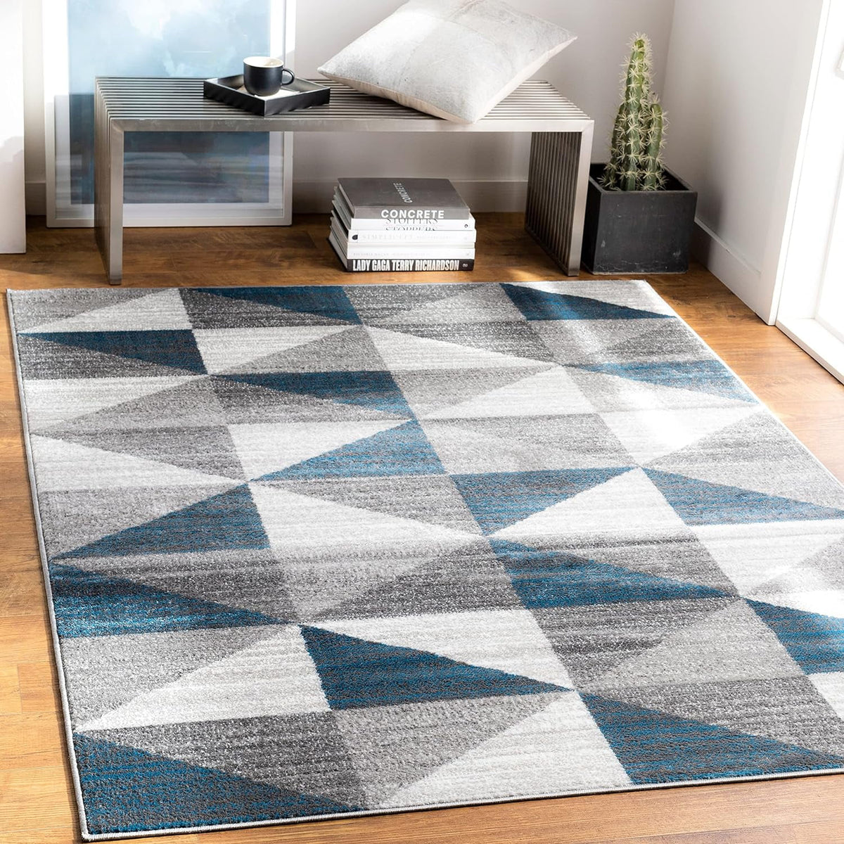 Sky Blue Navy Grey White Square Area Rug P928126