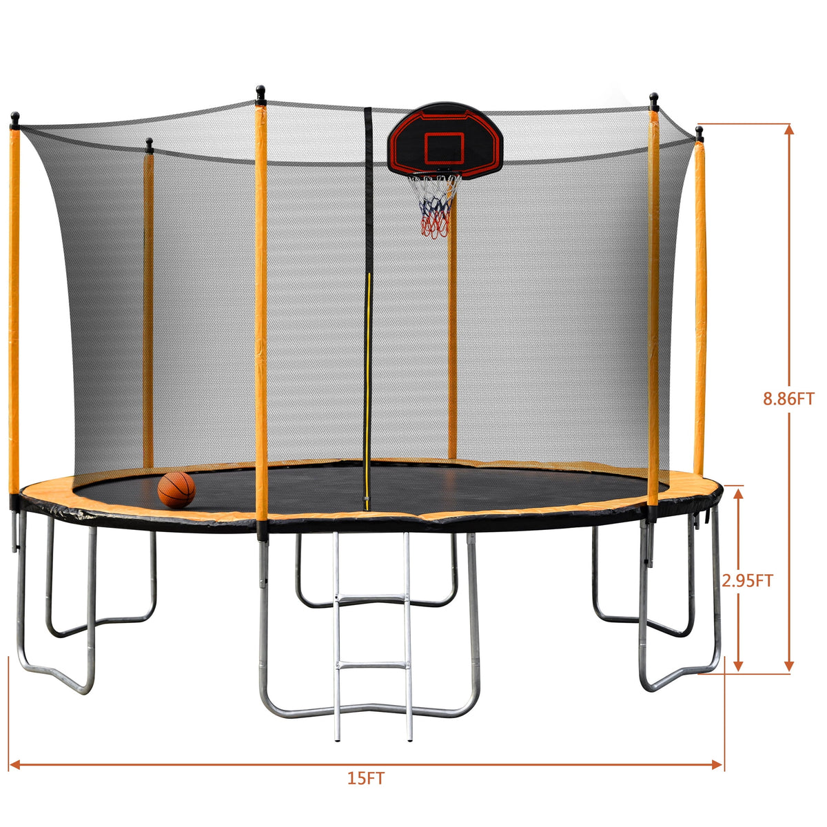 Orange 15FT Trampoline with Basketball Hoop and Ladder A220172