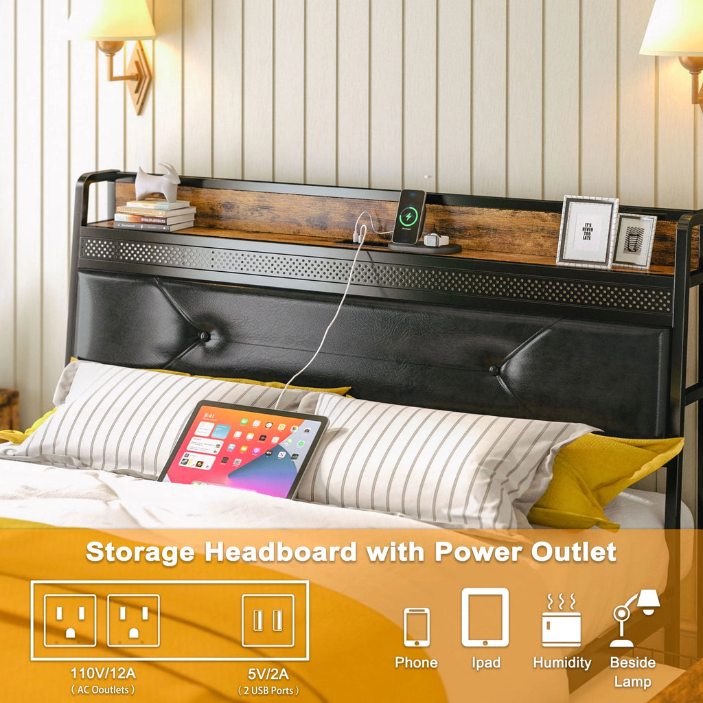 Queen Bed Frame with Upholstered Headboard and 4 Storage Drawers C185