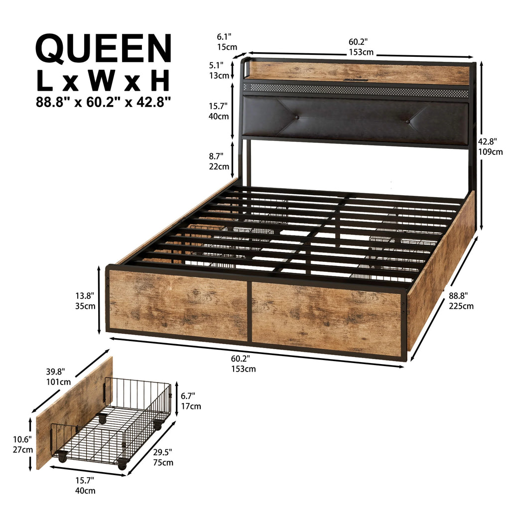 Queen Bed Frame with Upholstered Headboard and 4 Storage Drawers C185