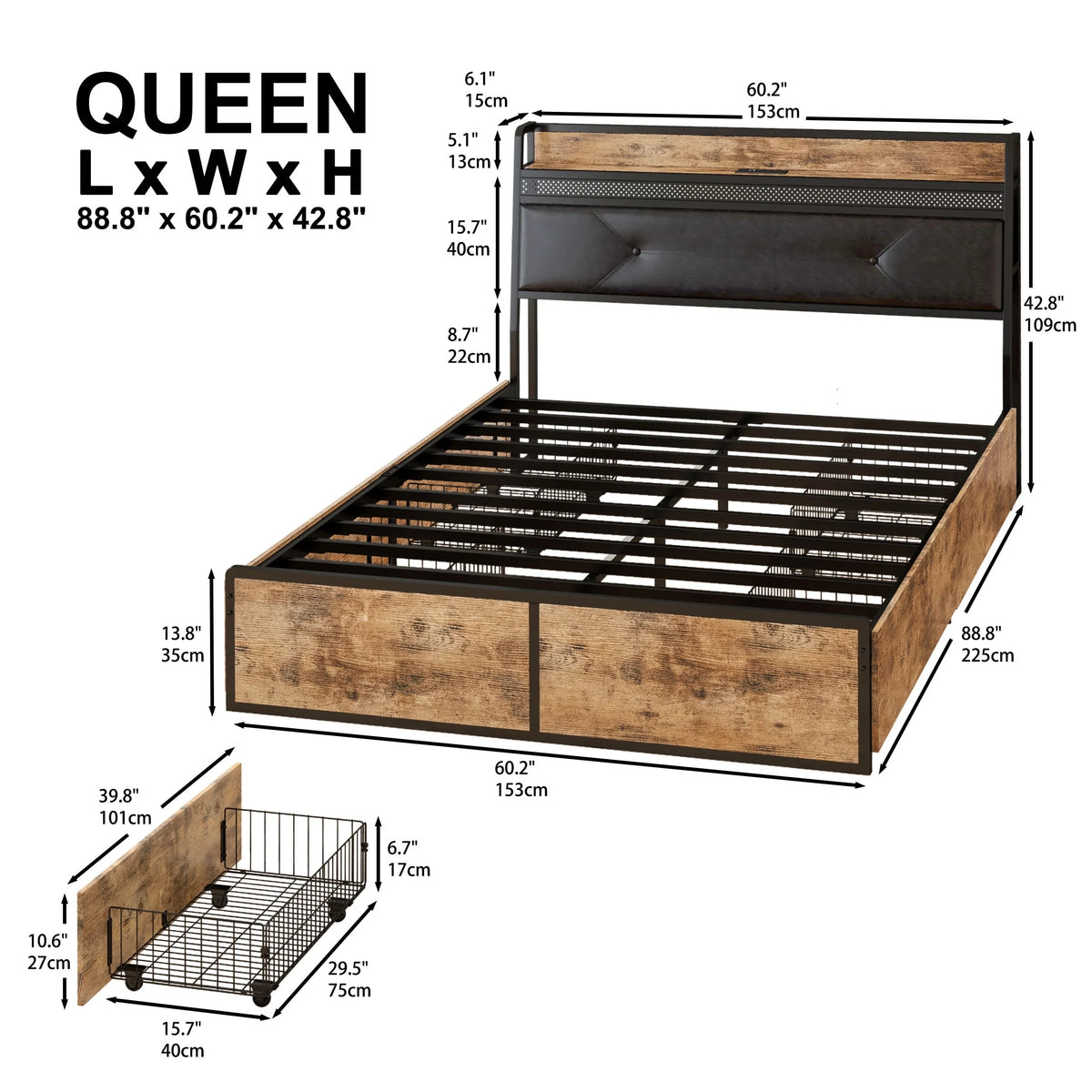 Queen Bed Frame with Upholstered Headboard and 4 Storage Drawers C185