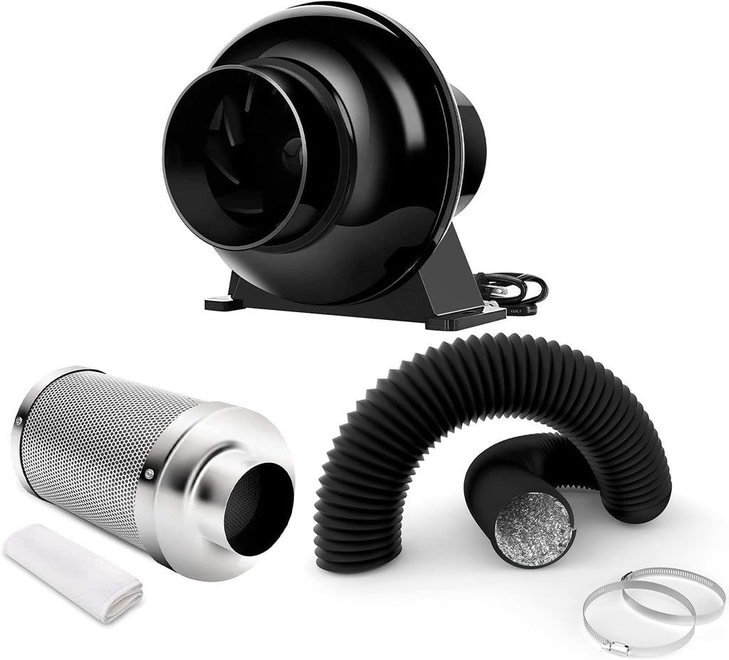 4 Inch 195 CFM Inline Fan, Carbon Filter, 8 Feet Flexible Ducting, Pack of 2 I726